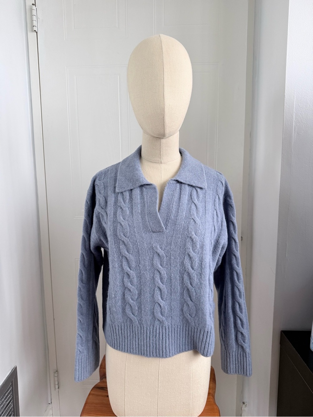 Soft Blue Cable Knit V-Neck Sweater with Collared Trim